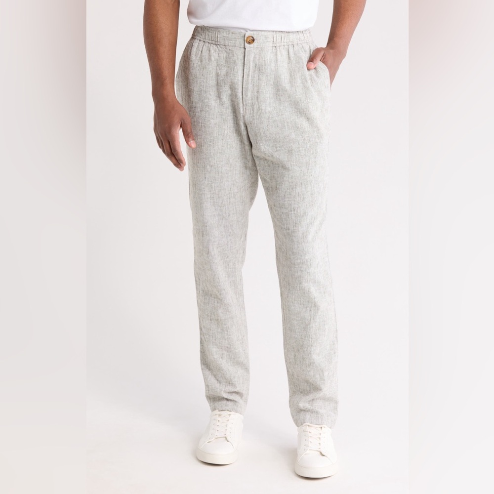 14th & Union Elastic Waist Linen Blend Trim Fit Pants Olive Night/White Size 32